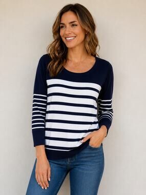 Cyrus Size Medium Sweater Top Navy White Stripe Rayon Nylon Blend Long Sleeves